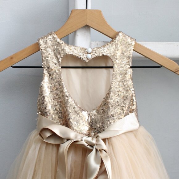 Gold Heart Cutout Sequin Formal Flower Girl Tulle Satin Dress Size 3 - Picture 4 of 6